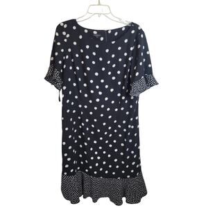Talbots Black White Polka Dot Ruffle Trim Shift Dress Women's Size Large